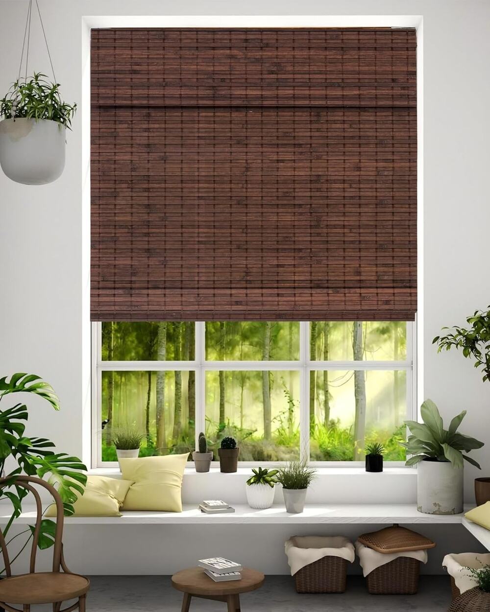 Lazblinds No Drill Bamboo Cordless Roman Shades. Roll Up. 22” W X 64” H Brown